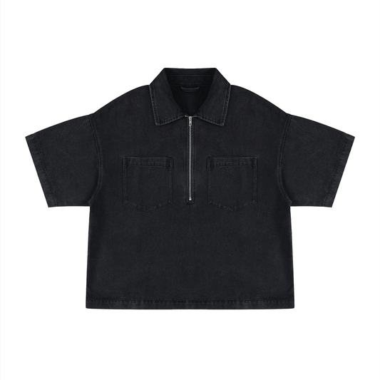 SLEEKZ Vintage Wash Boxy Quarter-Zip Denim Shirt - SLEEKZ